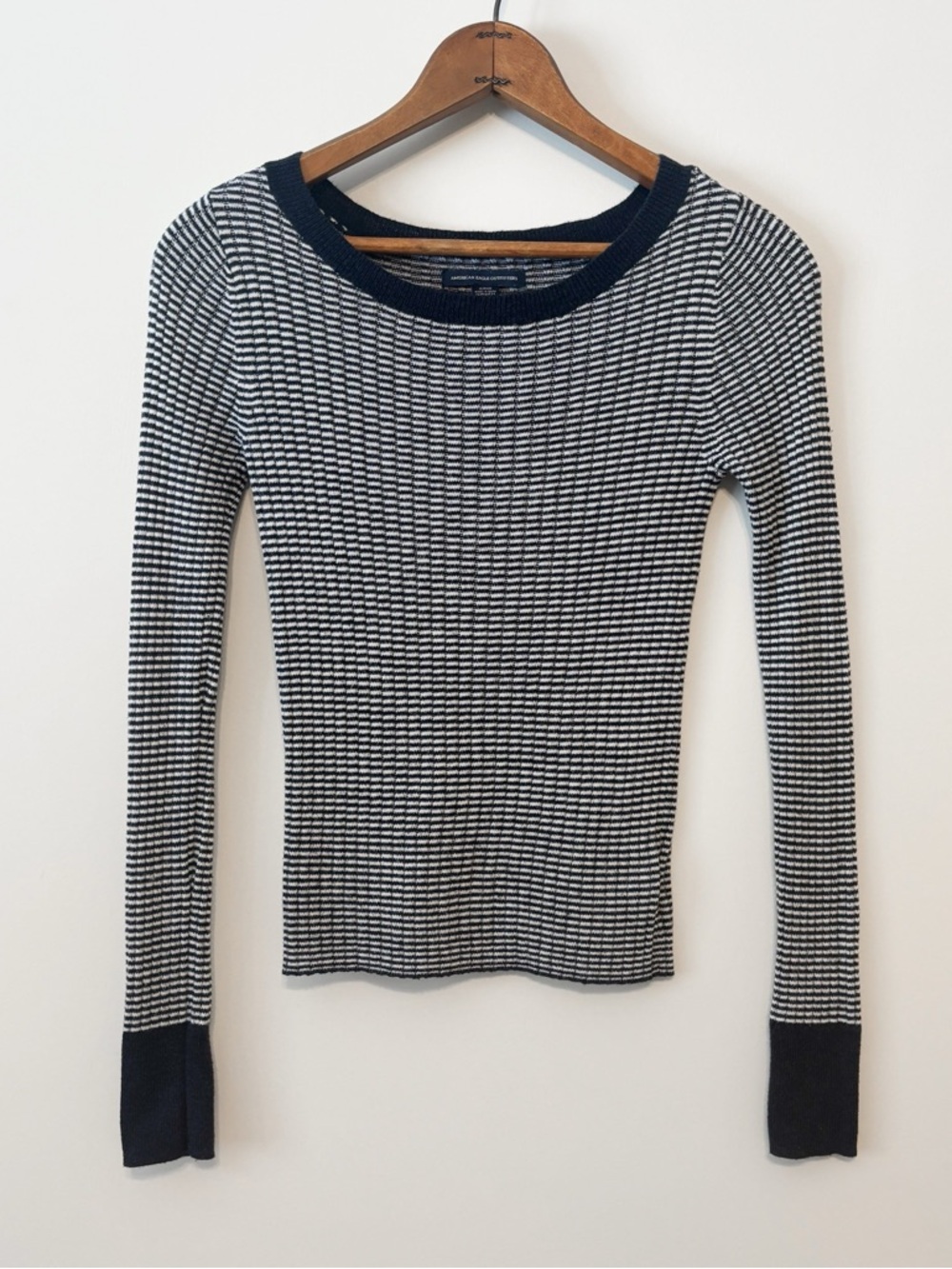 American Eagle Wide Neck Ribbed Knit Sweater Top | Navy & White Stripe SMALL